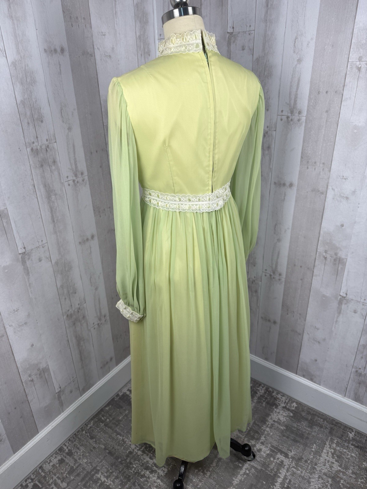 Vintage 70s Lorrie Deb Silk Chiffon Overlay Gown ~ Green Wedding Prom Maxi S/2
