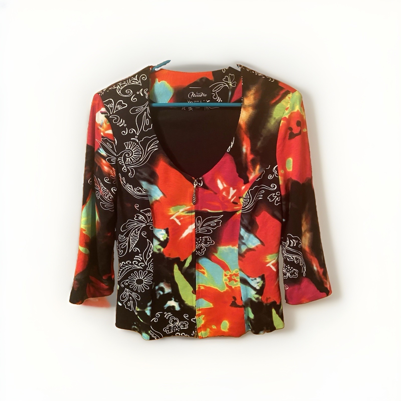 Vintage NueVa Abstract Flower Top Zip Jacket Lightweight Vibrant Made In Canada