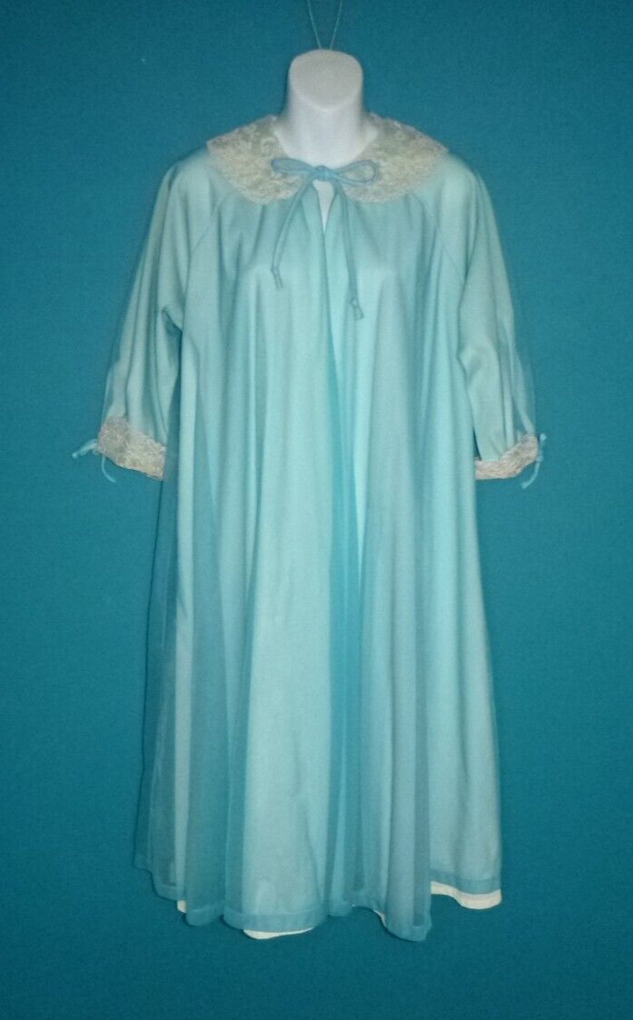 Vtg 50s Odette Barsa 2 Layer Chiffon Over Nylon Robe Turquoise Off White Sz M