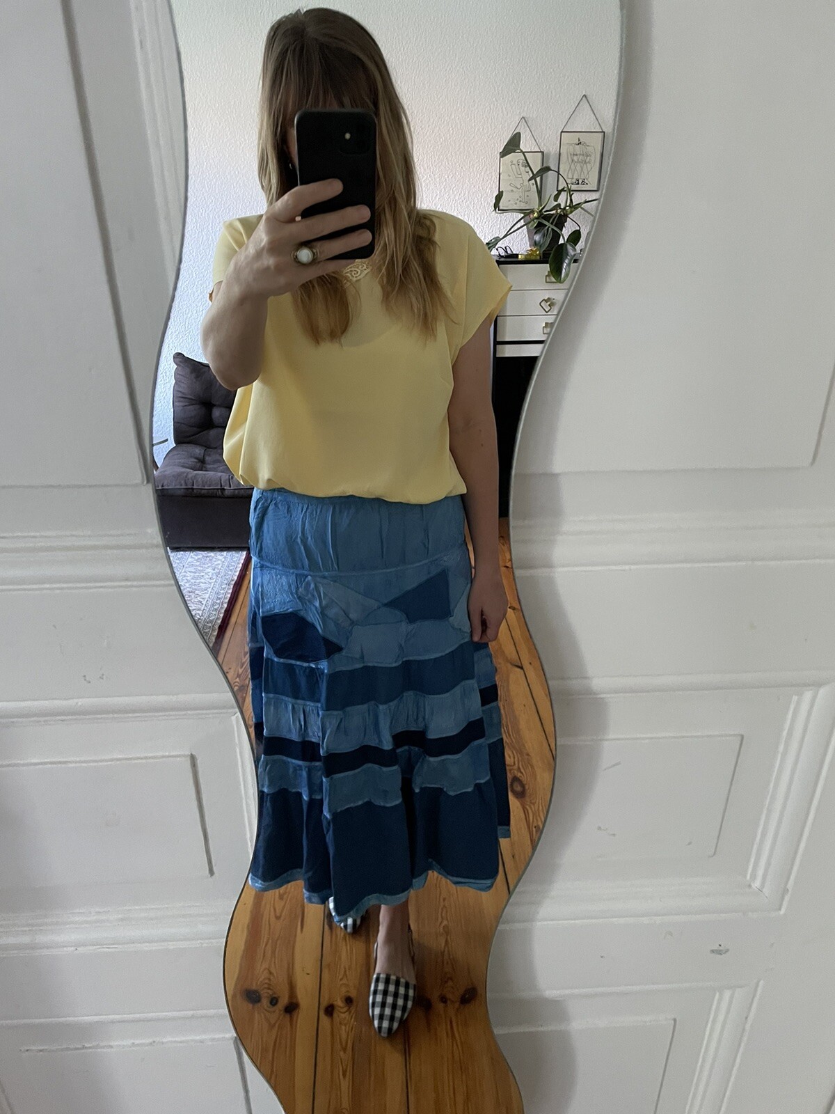 Vintage 80’s Yellow Viscose Blouse with Lace Collar- Size XL