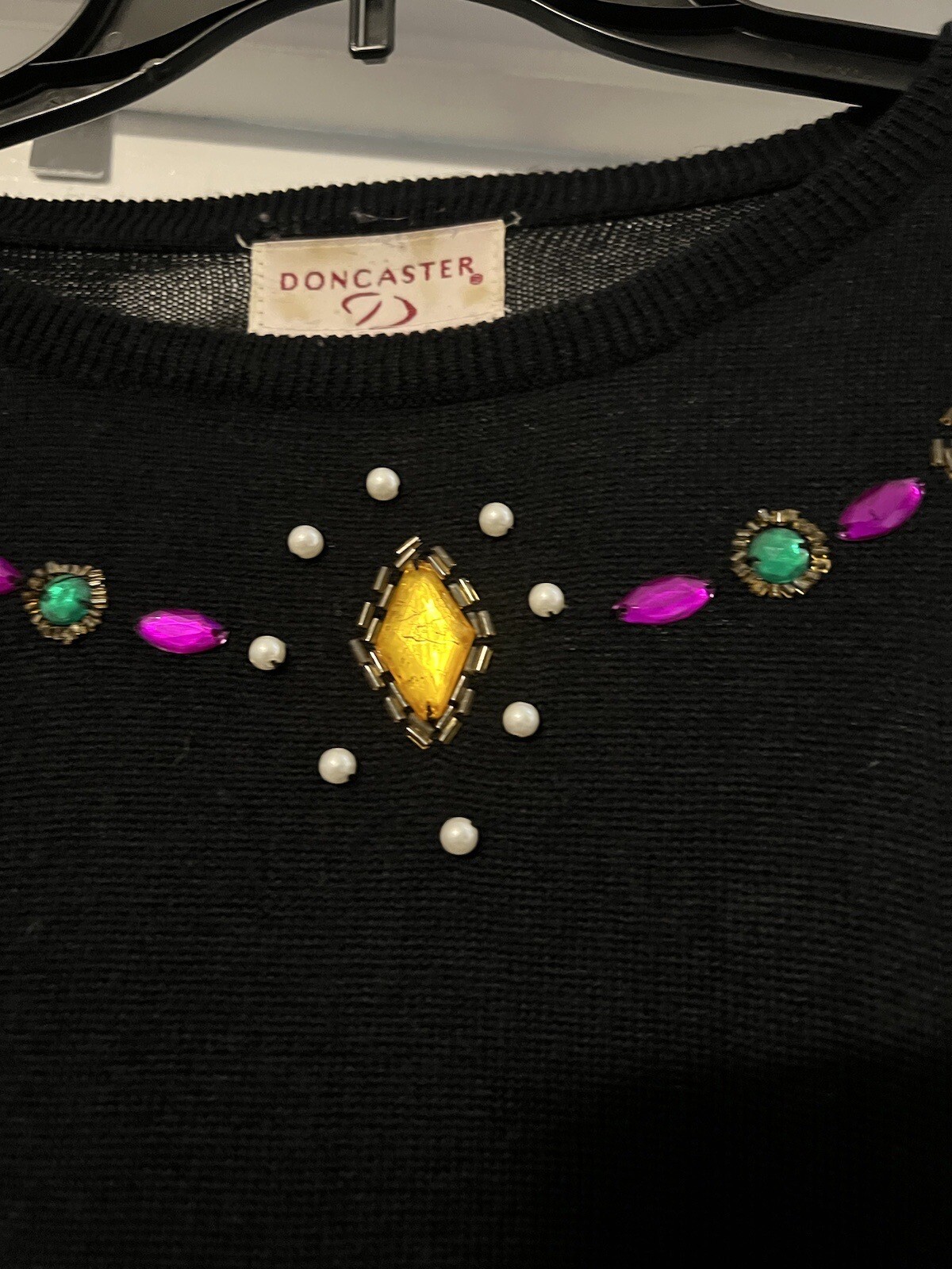 VTG Doncaster Sweater Women LG Black Bedazzled Neckline Wool Blend Castlecore