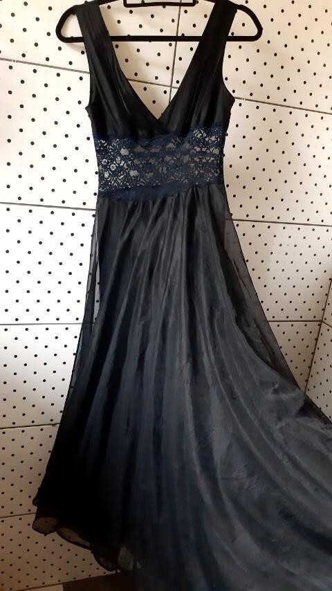 Vintage 80s Black Nylon Peignoir Dress Sexy Guipure Layered Chest 86cm/34″