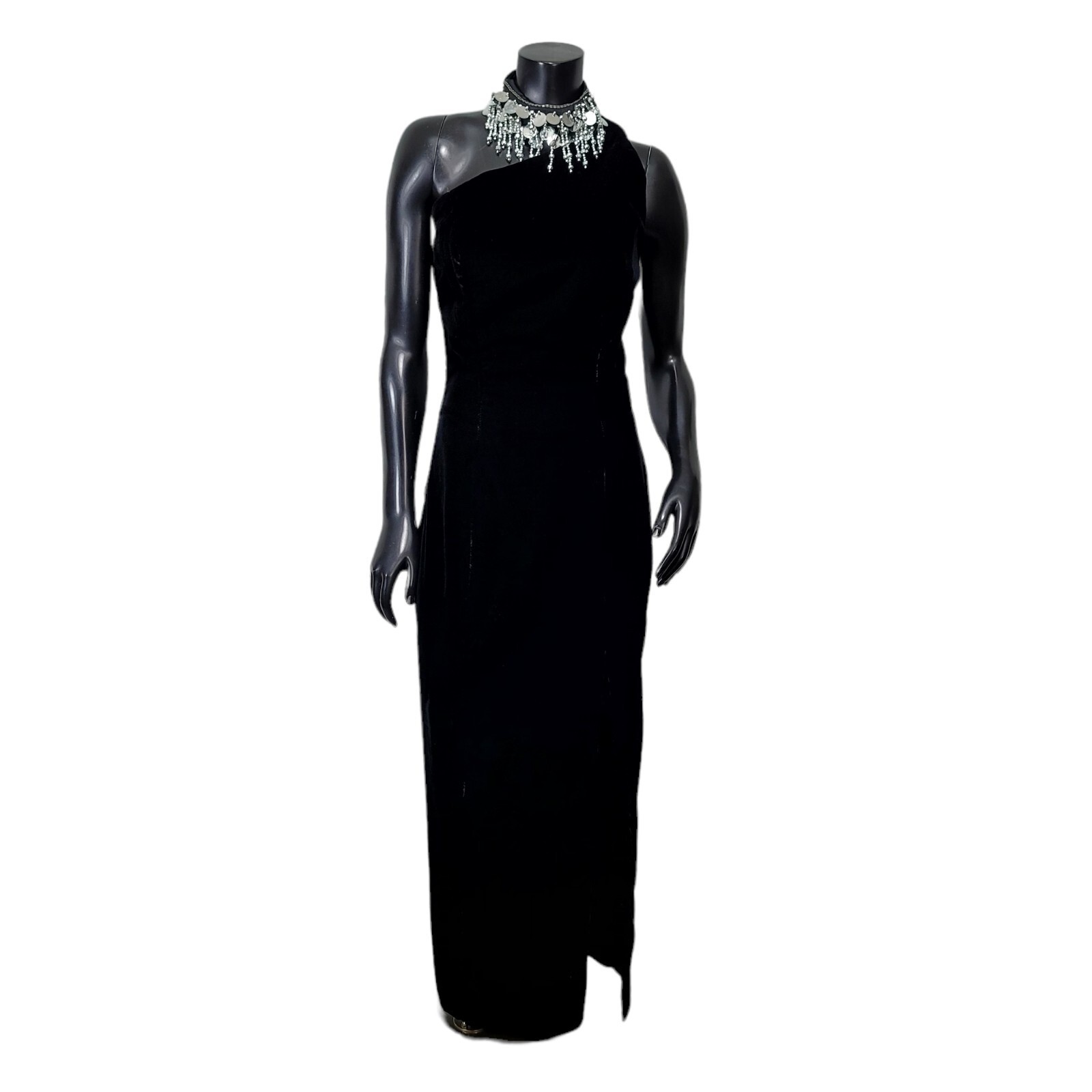 Vintage 90s Karen Okada Climax Black Velvet One Shoulder Maxi Gown Beaded Collar