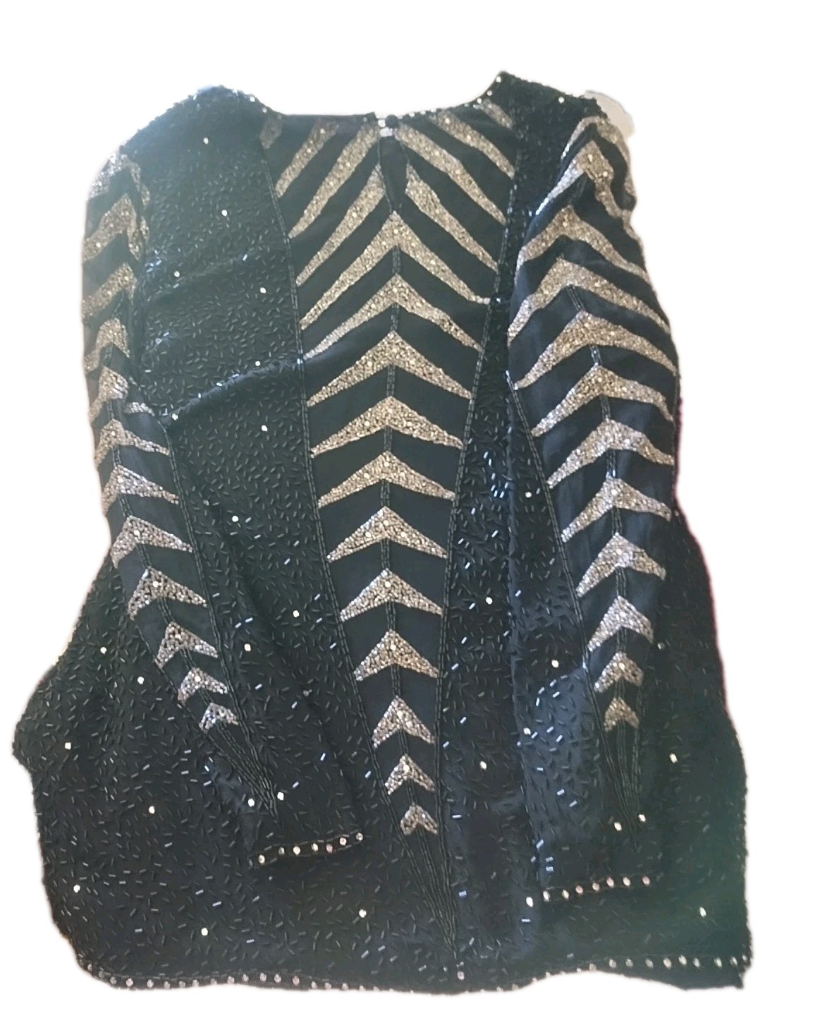 Vintage Oleg Cassini Black and Silver Beaded Cocktail Blouse Silk