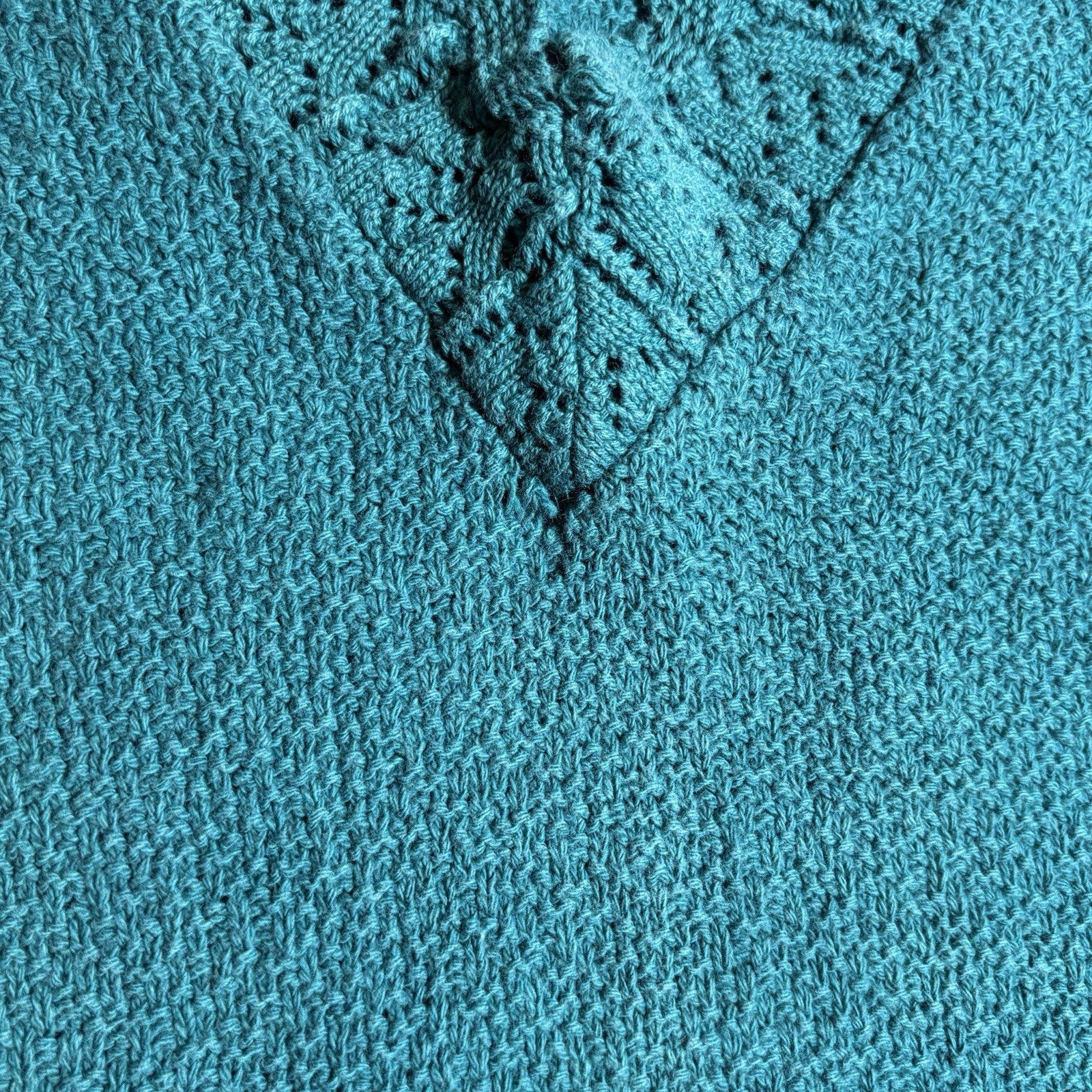 Vintage Teal Green V-Neck Short Sleeve Sweater Pointelle Trim Sleeve Knit XL