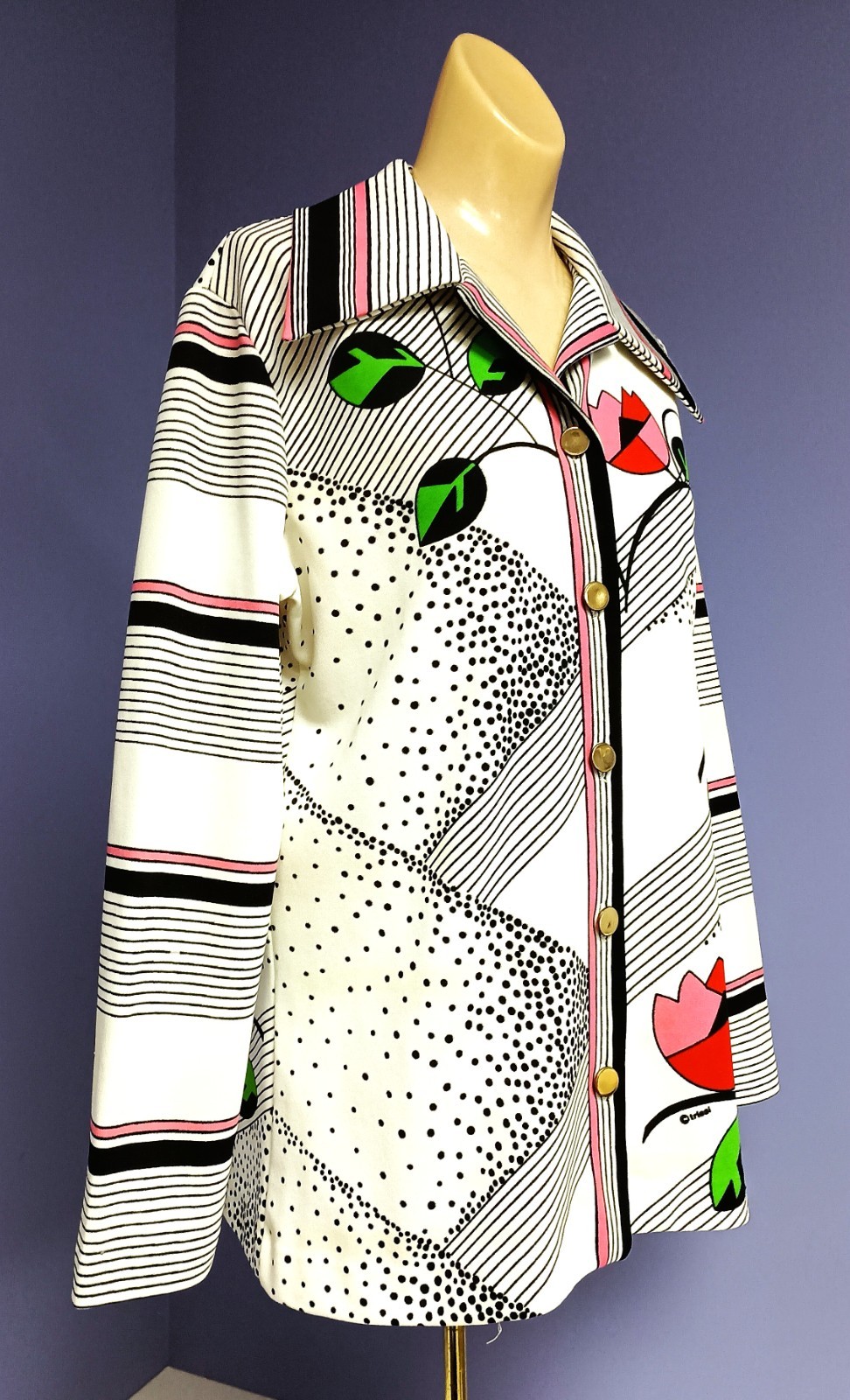 Vtg 70’s Ladies Trissi White/Black/Pink Polyester Geometric and Floral Blouse Lg