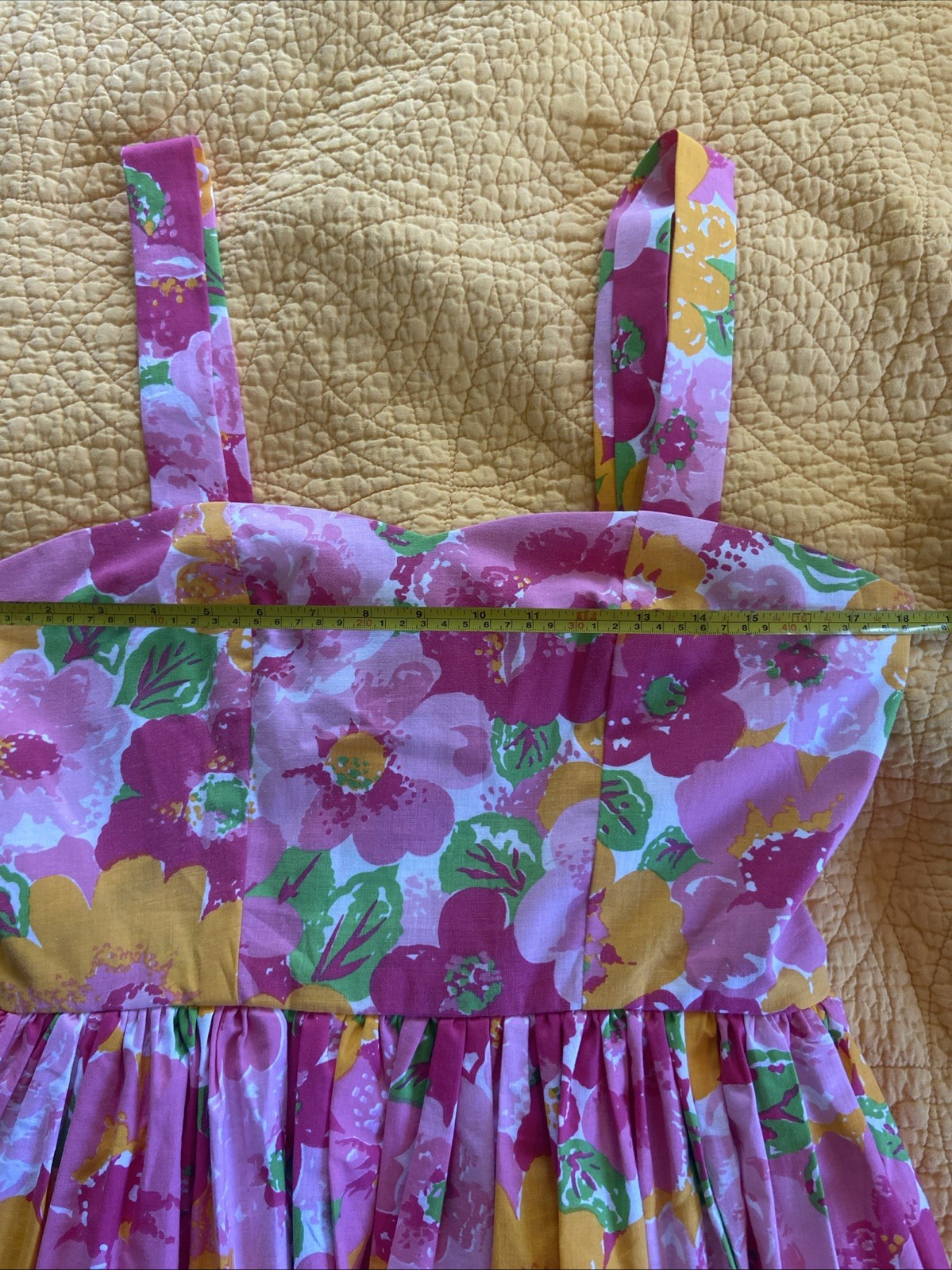 VTG 1950s Style Floral Cotton Dress Pink Yellow Green Flower Power Rockabilly