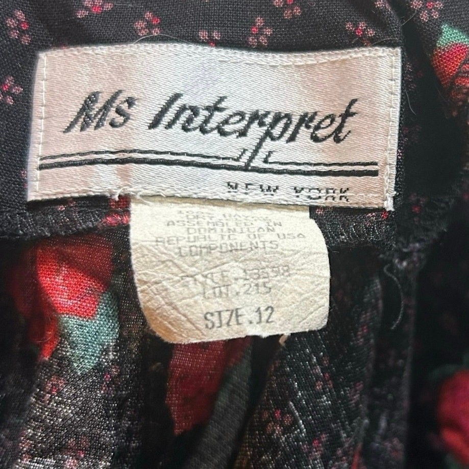 VTG Ms Interpret Black Red Rose Polka Dot Rayon Blouse 12 Whimsygoth Grunge Goth