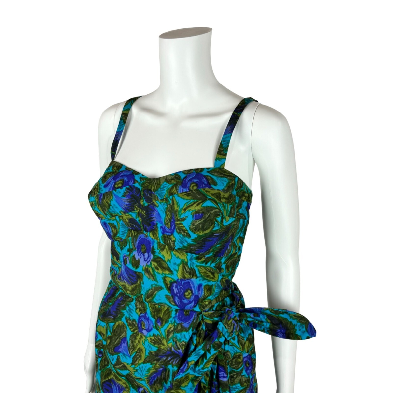 Vintage 1950s Sarong Dress Women’s XS Blue Green Floral Wiggle Hawaiian Tiki