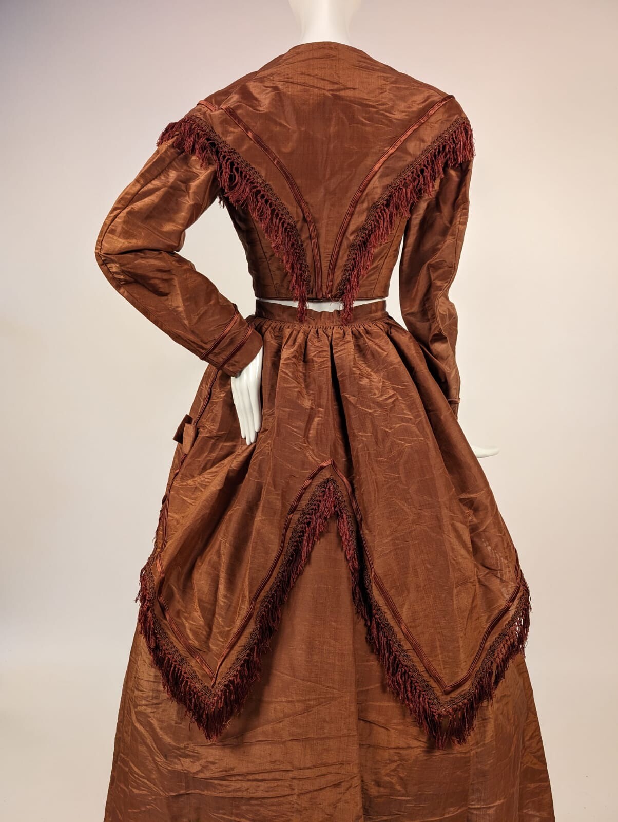 POST CIVIL WAR LATE 1860’S 3 PC BROWN SHINING SILK DRESS W FRINGE