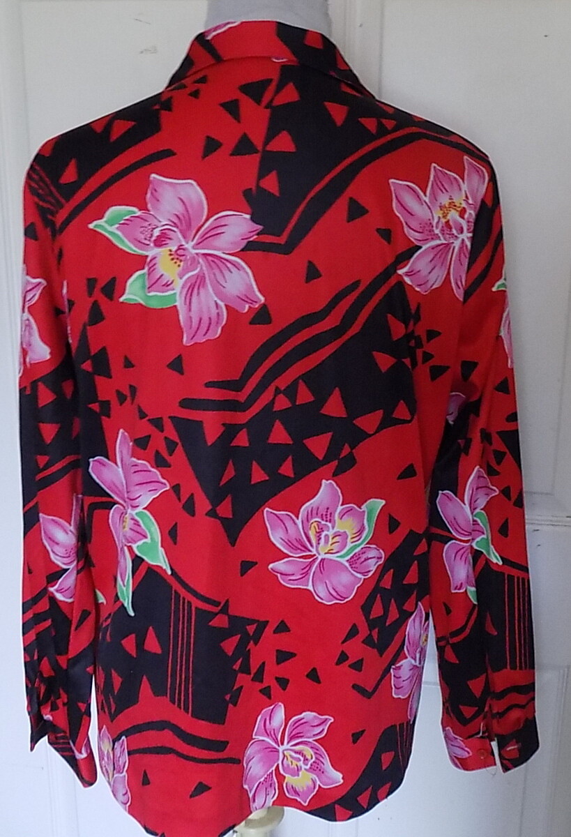 Vintage Red Black Vera Long Sleeved Orchids Blouse Size 16 Lady Bug Label B40 **