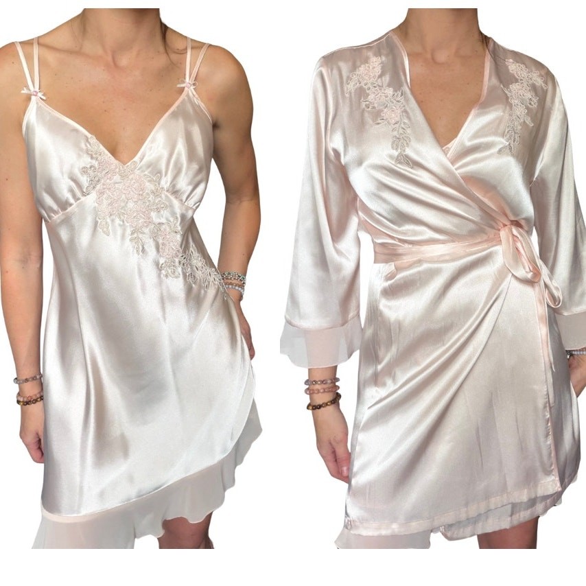 vintage satin slip dress + robe set blush ivory bridal lingerie fairycore