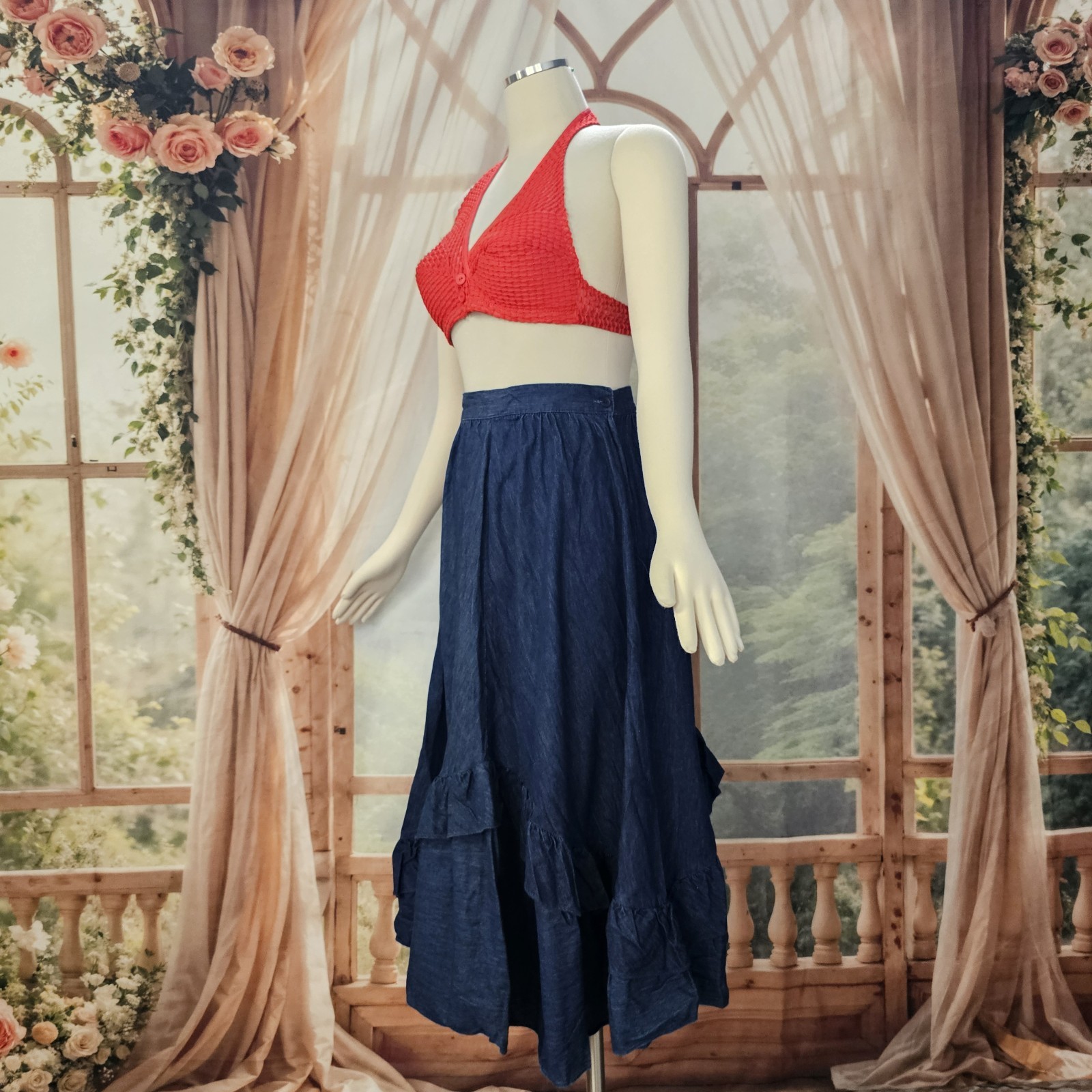 Vintage 1970s Skirt Denim Blue Jean Ruffle Flowy Midi Length Retro Chequers