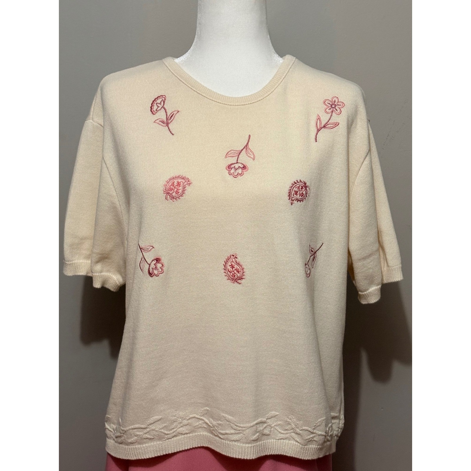 VTG Nikki Southern Pink Cream Floral Embroidered Sweater & Midi Skirt Set XL 18