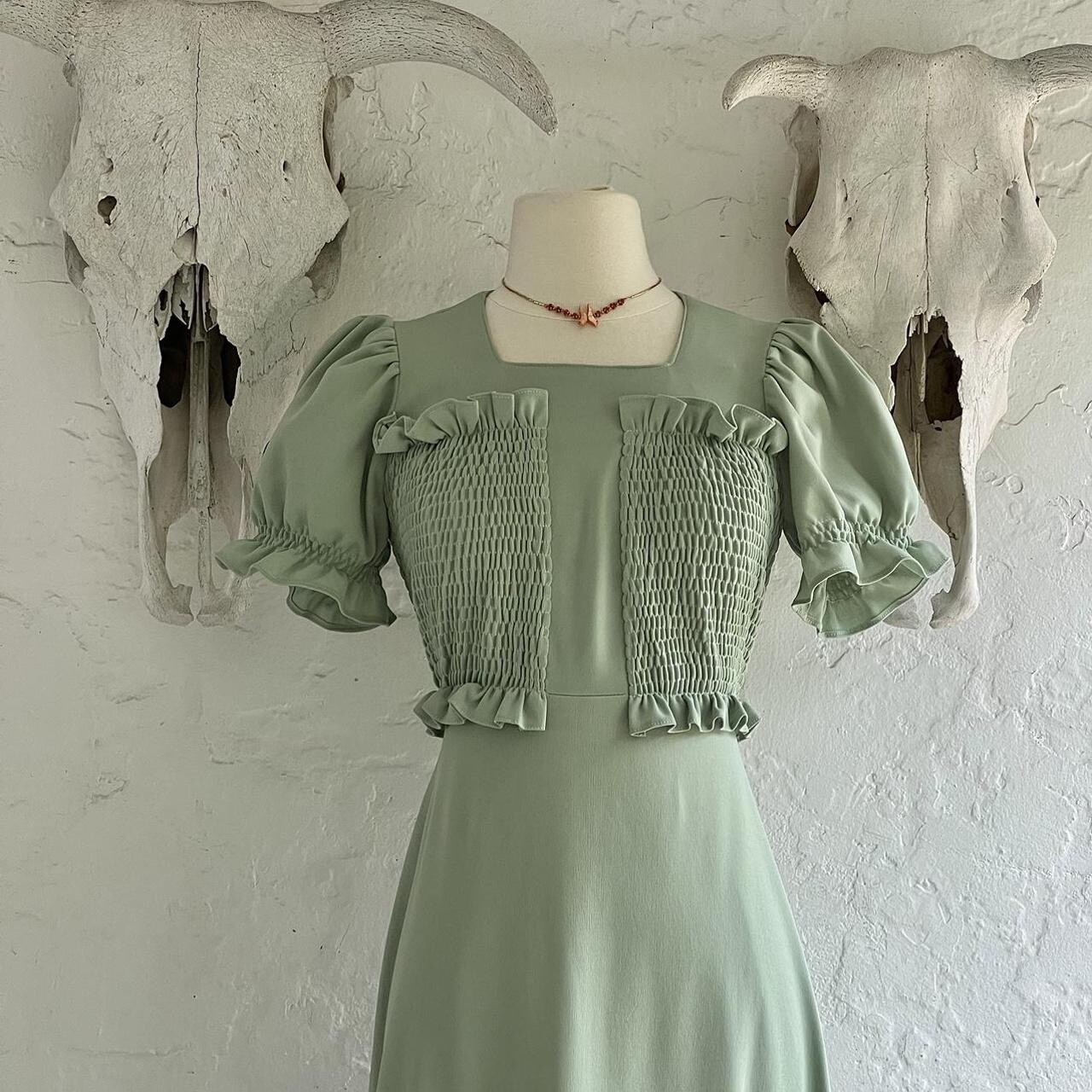 Vintage 1970s Green Olive Mint Long Maxi Dress Prairie Hippie Cottage Core Dress