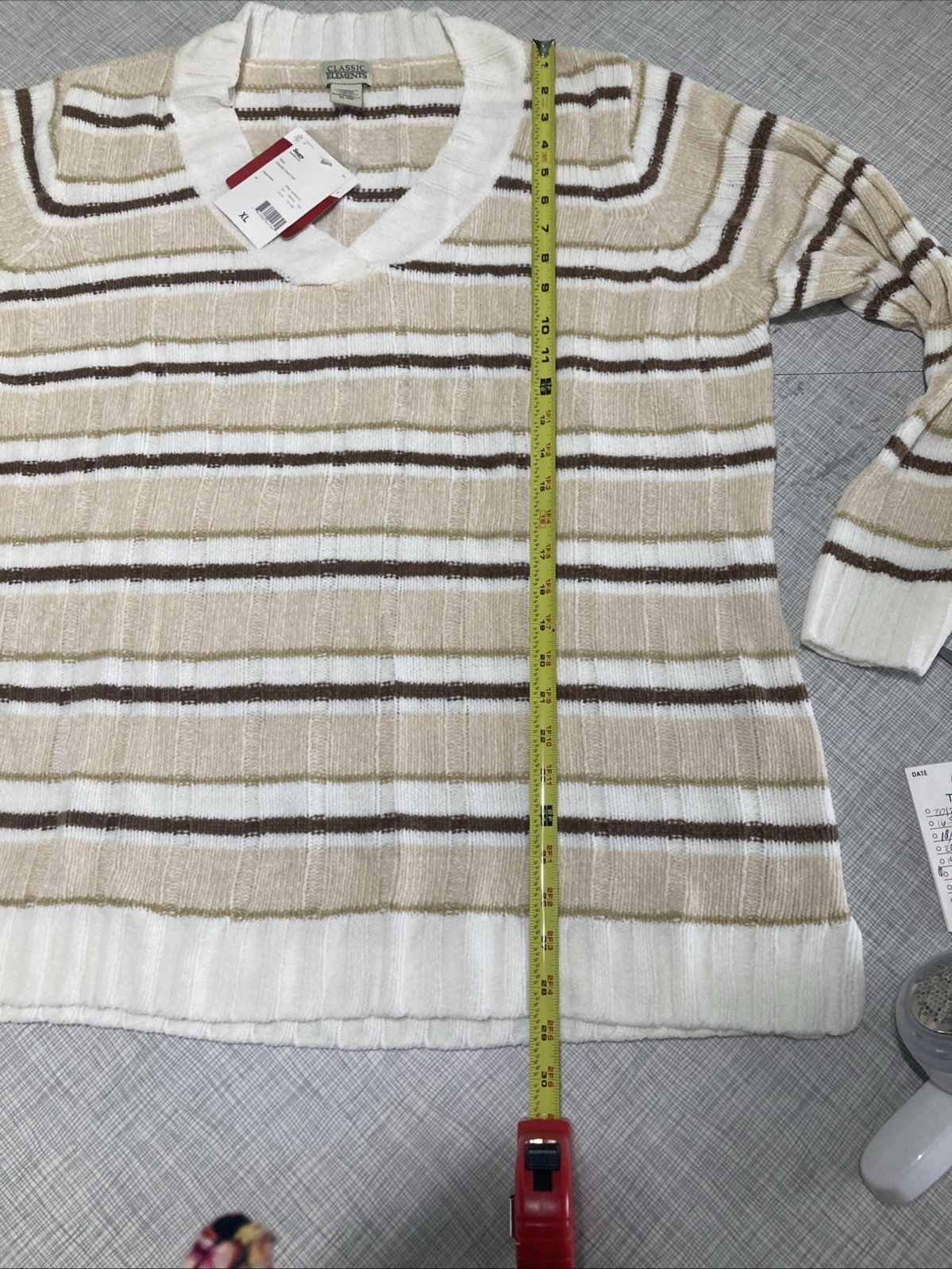 VTG 2007 Sears Classic Elements Striped V-Neck Sweater XL NOS NWT Chenille Brown