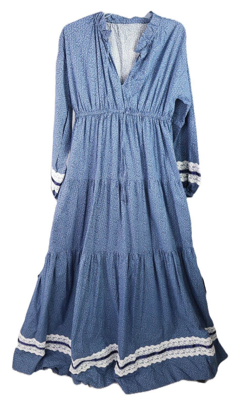 VTG 70s Women’s 8 10 12 M L Cottage Core Prairie Lace Elastic Floral Maxi Dress