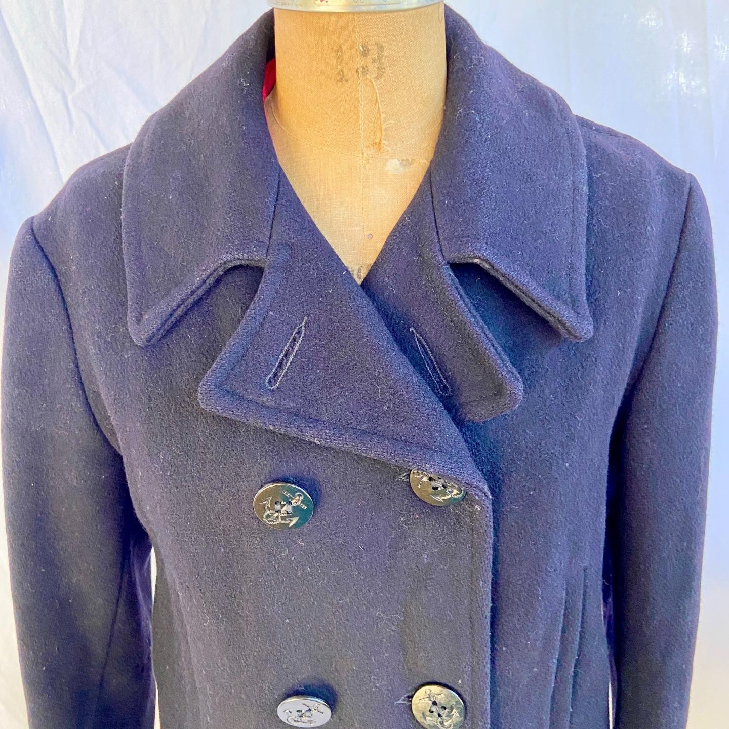 vtg 50s 60s RICHARDS AUTHENTIC Navy Blue Wool Pea Coat Jacket Anchor Buttons 16