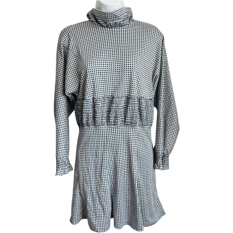 Vintage 70s Check Squares Shirred Blue Cream Tan Turtleneck Dress size S / M