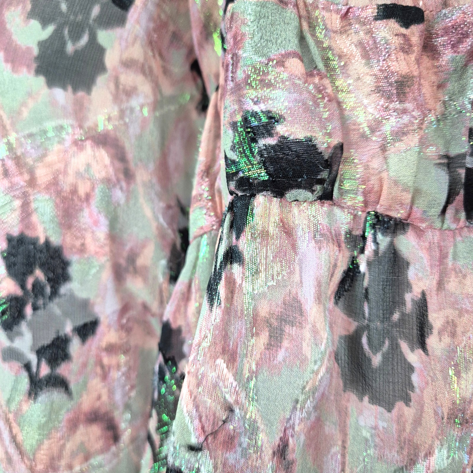 Vtg Anna Sui Blouse Pink Green Silk Blend Pussie Bow 3/4 Sleeves Romantic Size 8