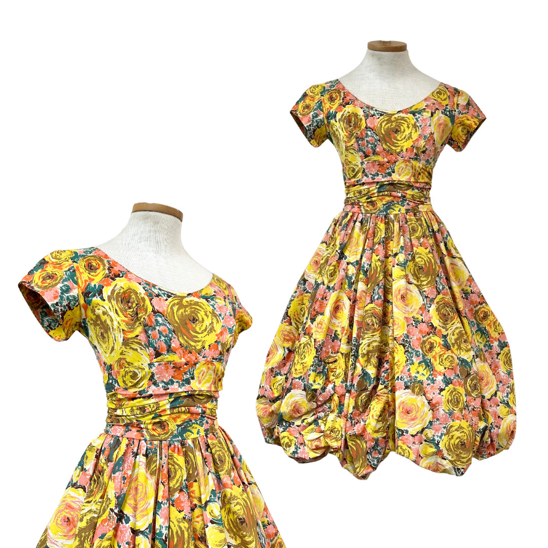 Vintage 1950s Pixie of California Bubble Hem Yellow Spring Floral Dress