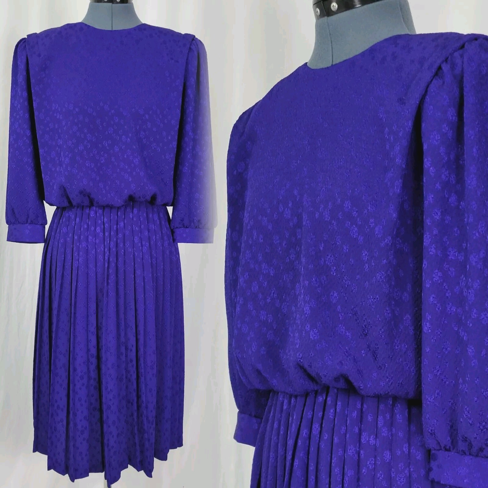 Vintage VLP Purple Polka Dots on Purple Blouson Dress w Pleated Skirt Size 10P