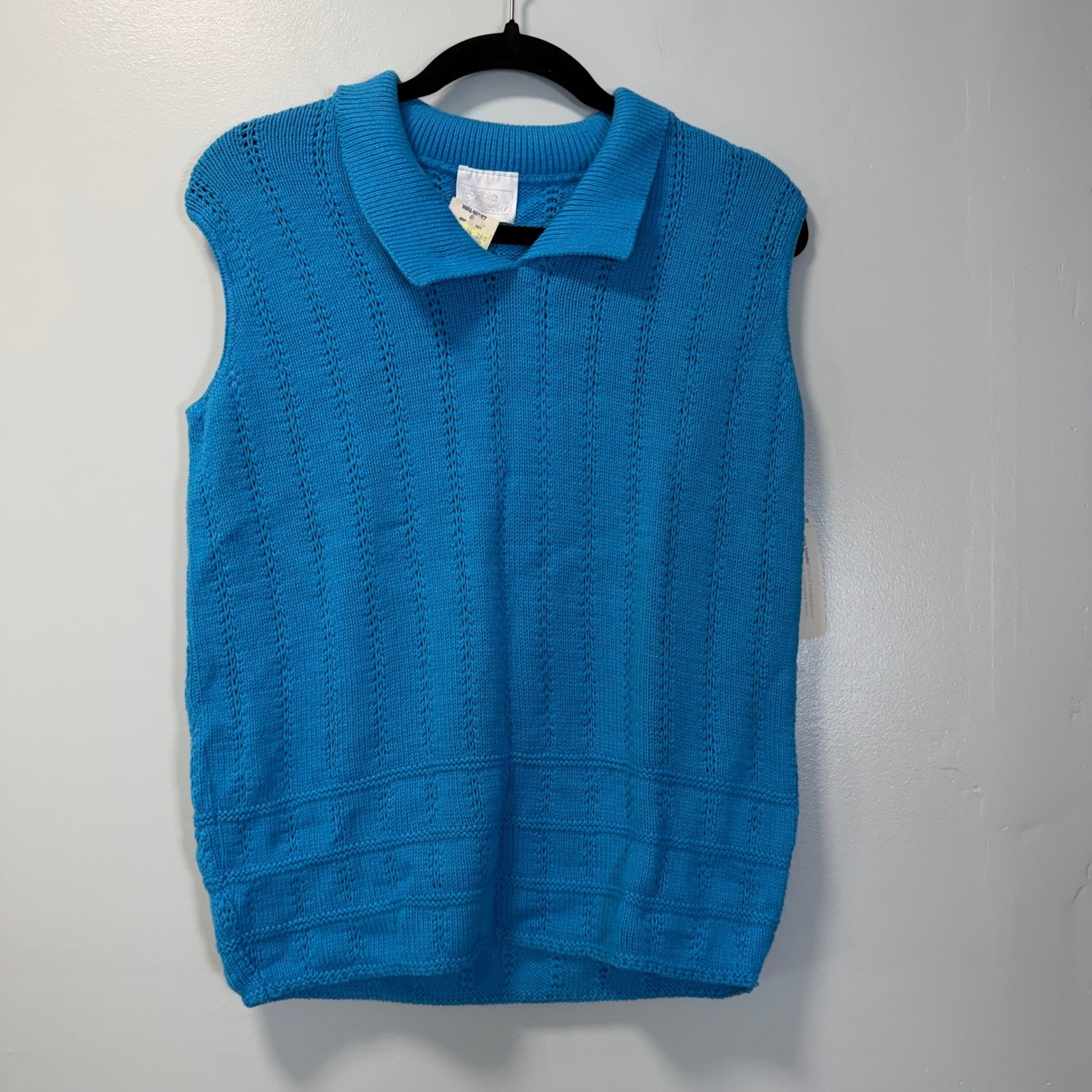 Vintage Bobbie Brooks Blue Pointelle Knit Sleeveless Polo Sweater Vest Medium