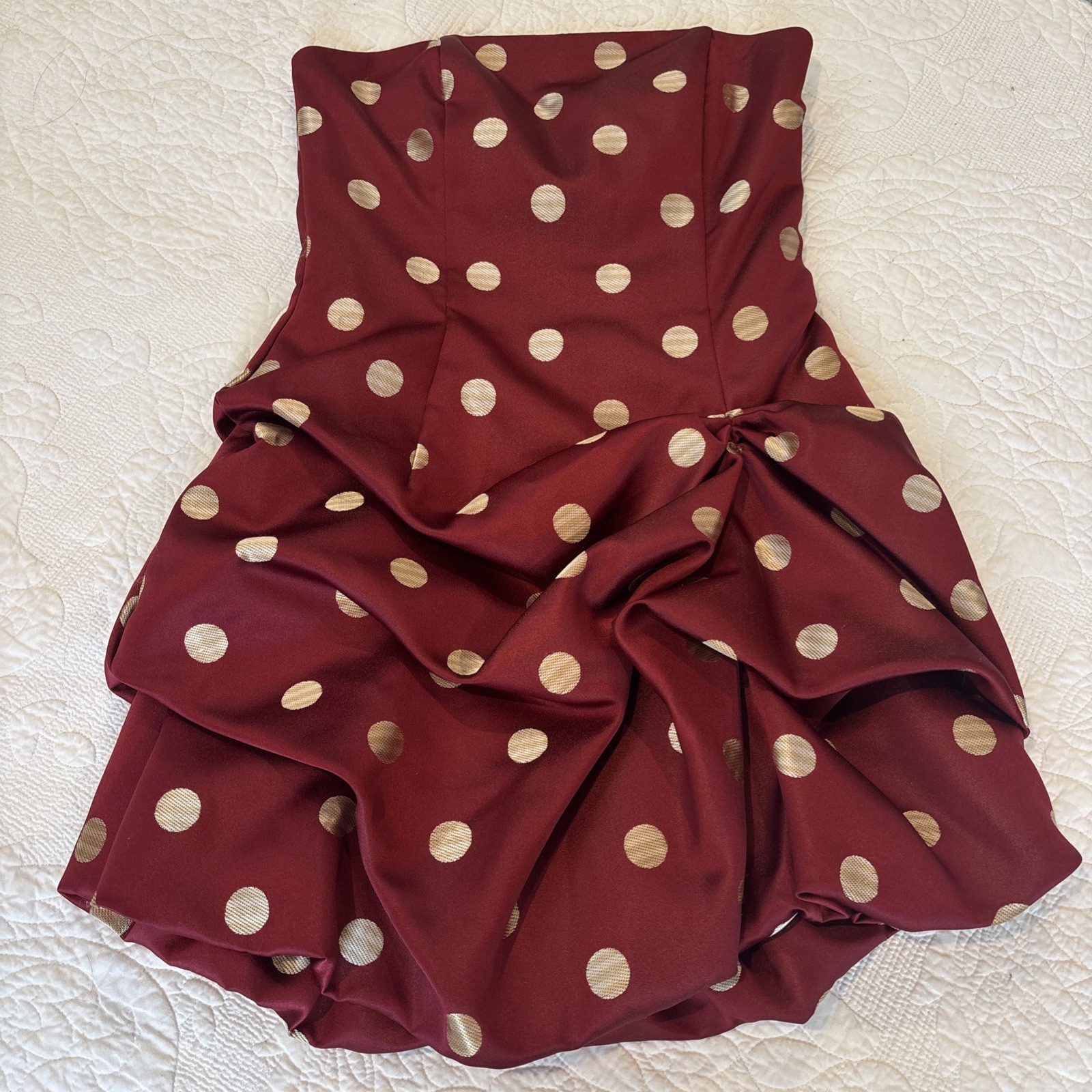 VTG Jessica McClintock Strapless Polka Dot Dress Burgundy Gold USA 1990s Y2K