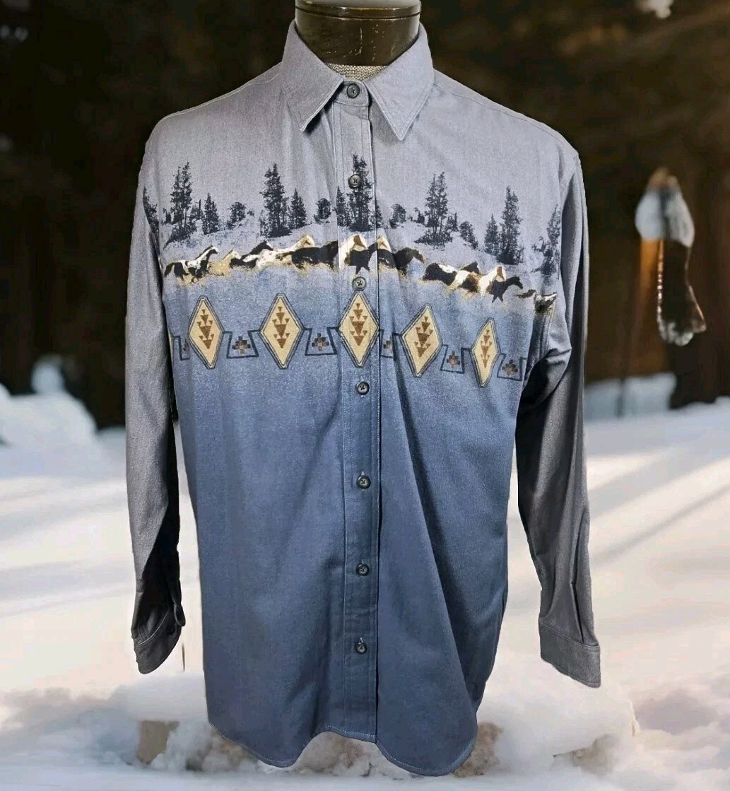 Vintage Cabelas Shirt Womens L Blue Aztec Print Pattern Button Up Flannel Cowboy