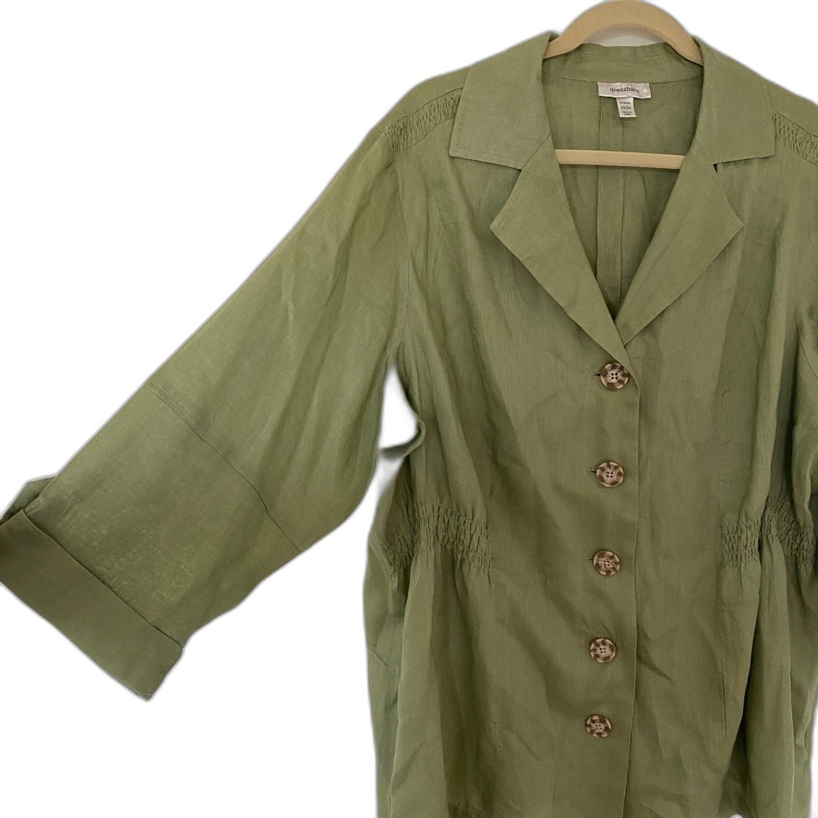 Dressbarn Linen Safari Jacket Green 3/4 Sleeve Button Lightweight Sz 22/24