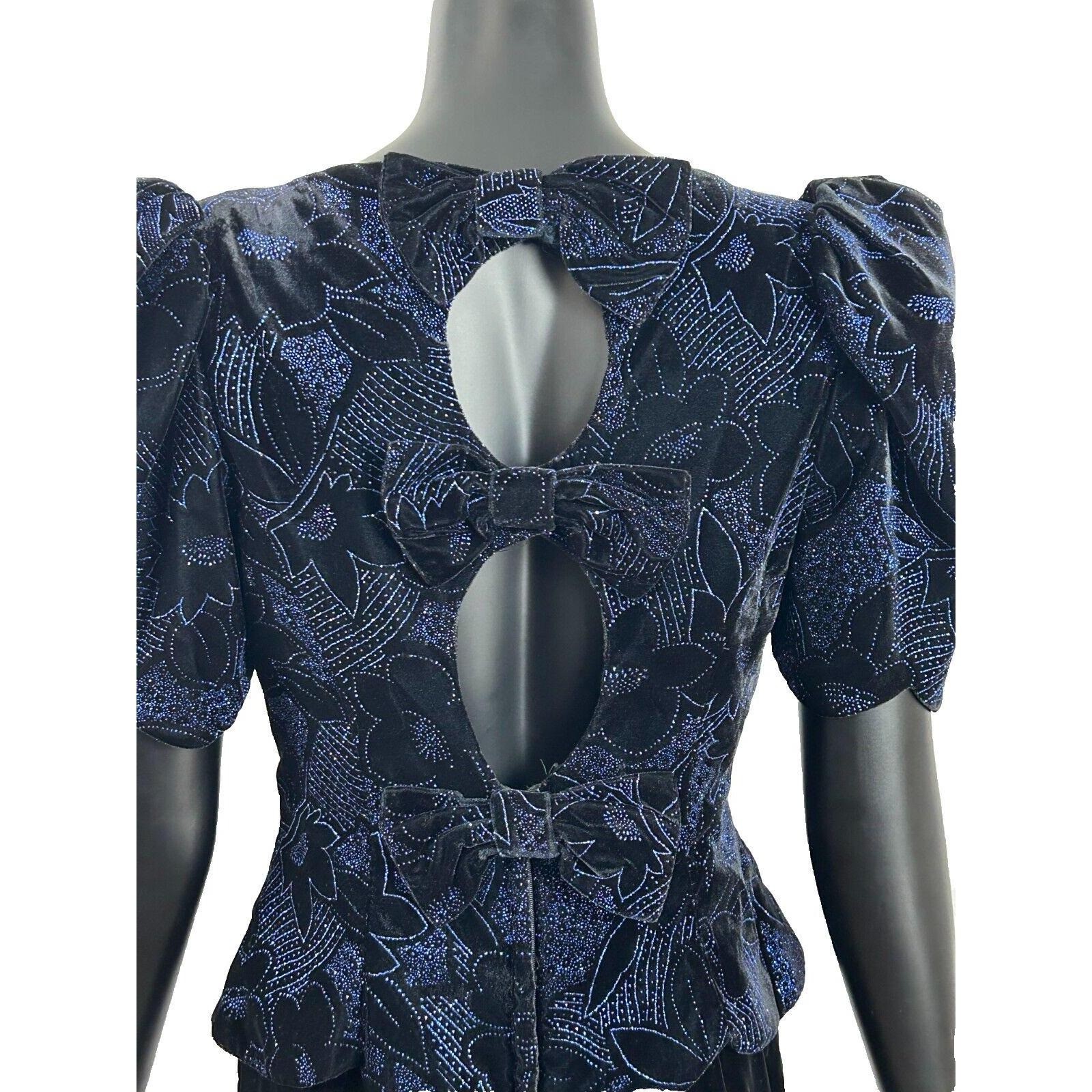 Vintage 80s Scott McClintock Dress 10 Blue Black Velvet Bow Cocktail Puff Sleeve