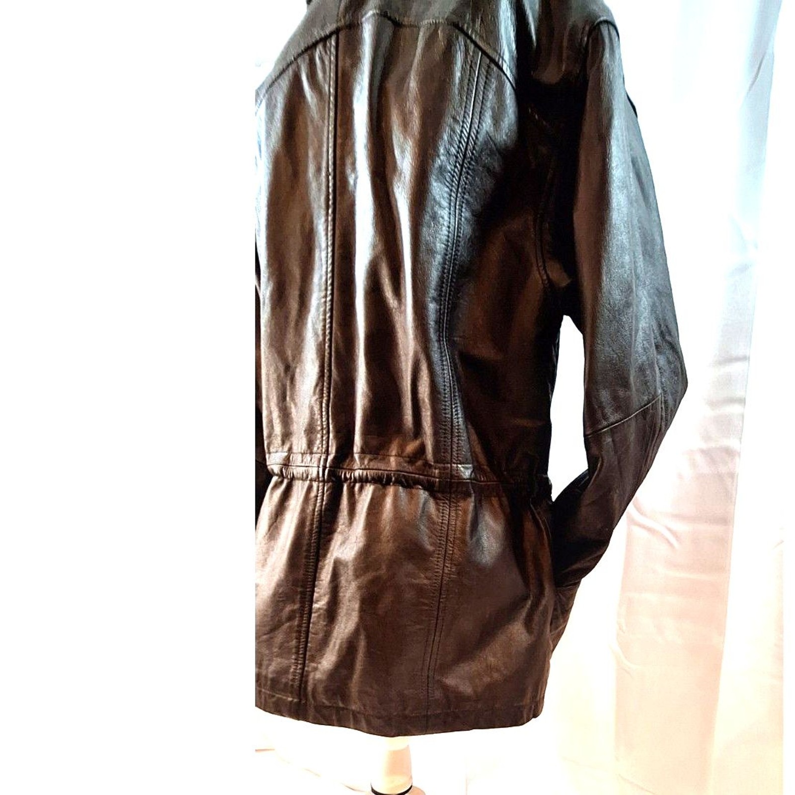 Donna Pelle Vintage Brown Leather Coat Faux Fur Collar Size S