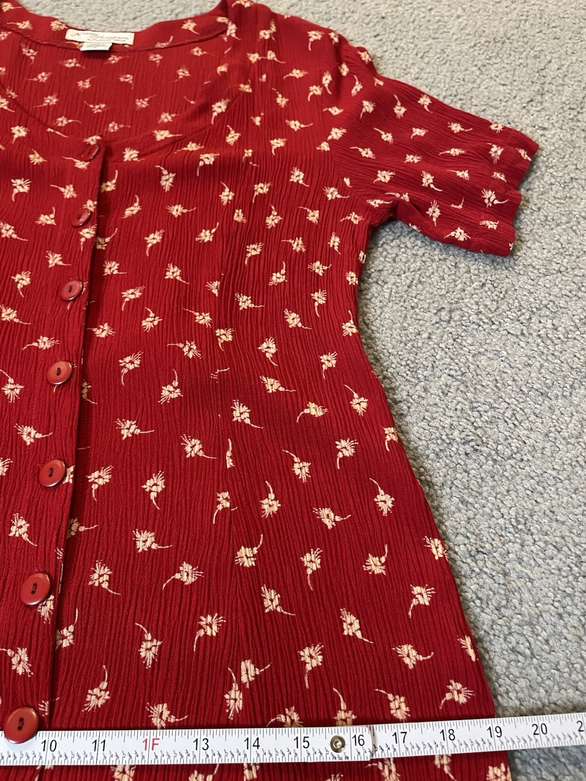 Vtg 90’s Norm Thompson Midi Dress Sz Red Floral Button Up Crinkled Boho Cottage