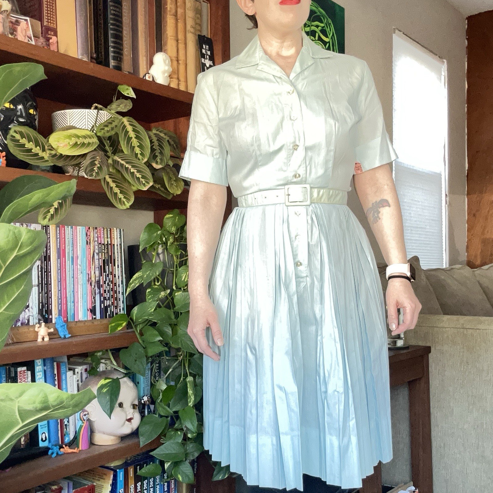 Vintage Light Blue Pleated Belted Dress by Westbury Fashions