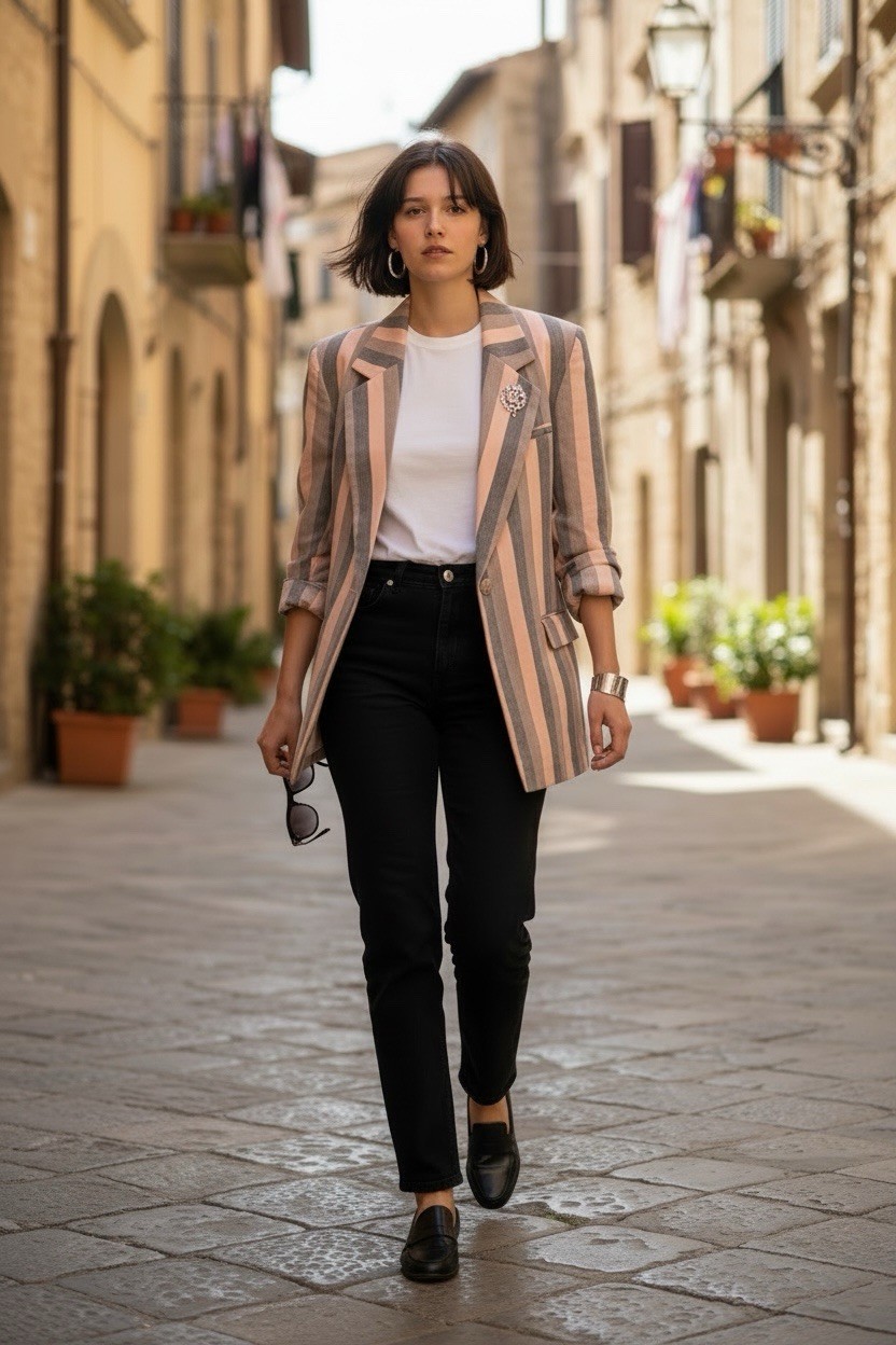 Vintage May Lok Made In Italy Pink Gray Striped Oversized Tailored Blazer Size 9