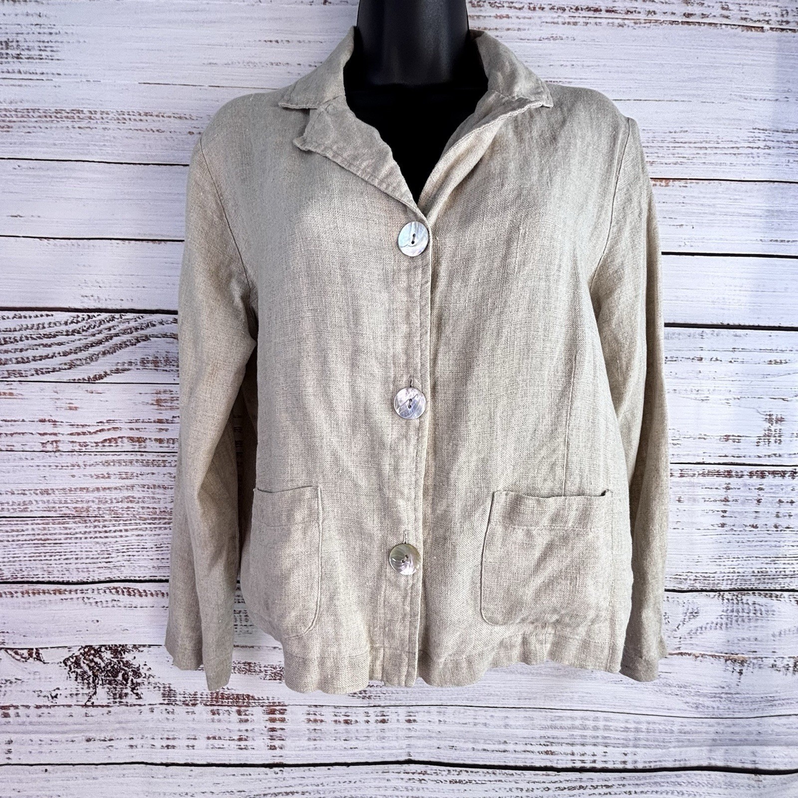 Vintage Jacket 8P Beige 100% Linen Shell Button Cinch Patch Pocket Minimalist