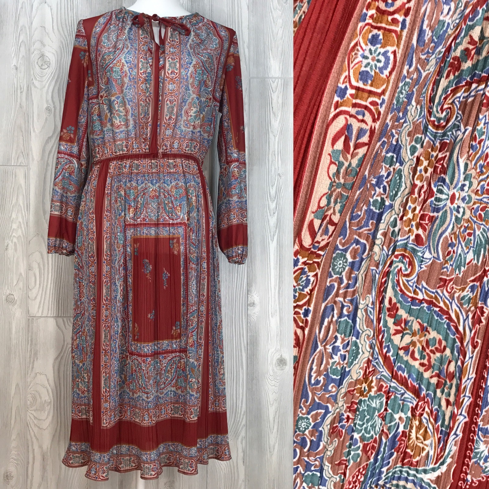 VTG Womens Dress 70’s handkerchief pleated semi sheer tie hippy floral