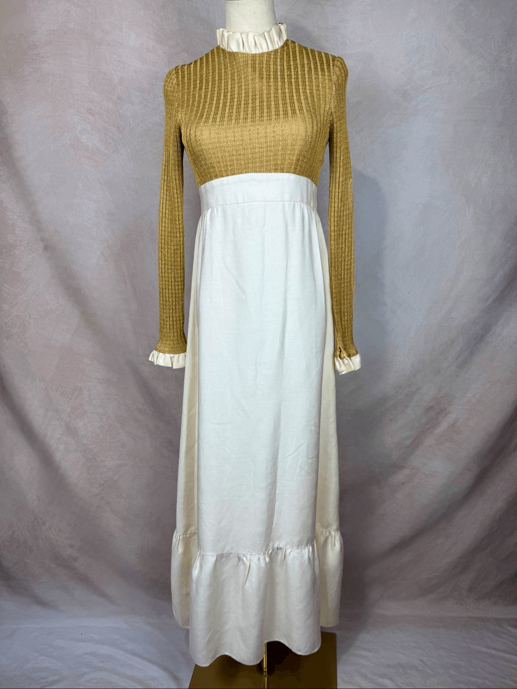 Vintage 1970s Gold Lurex Maxi Dress S Mod MCM Disco ILGWU