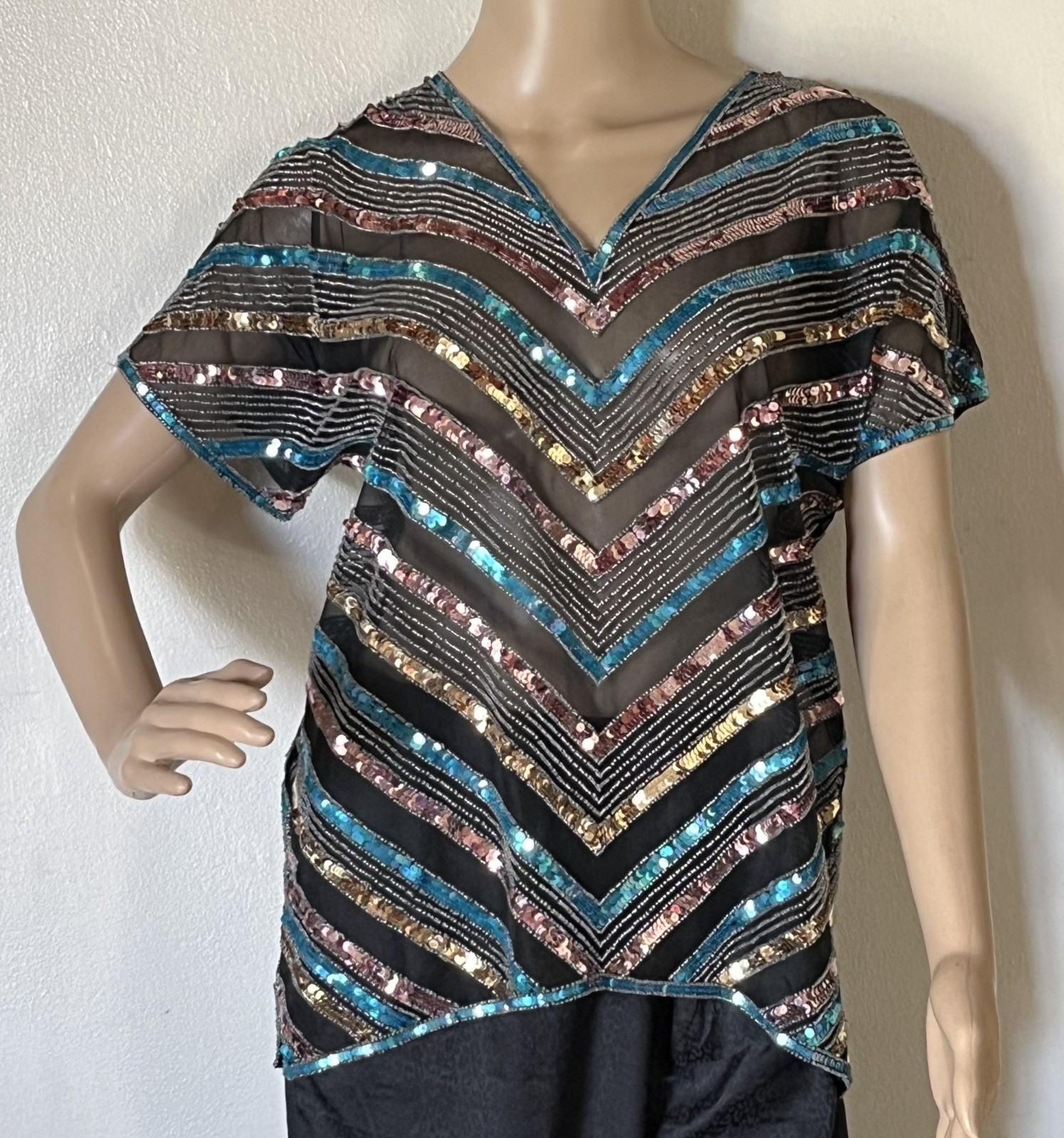 1980s Club Scene Black & Blue & Silver Sequin Silk Blouse by Argenti Size Medium