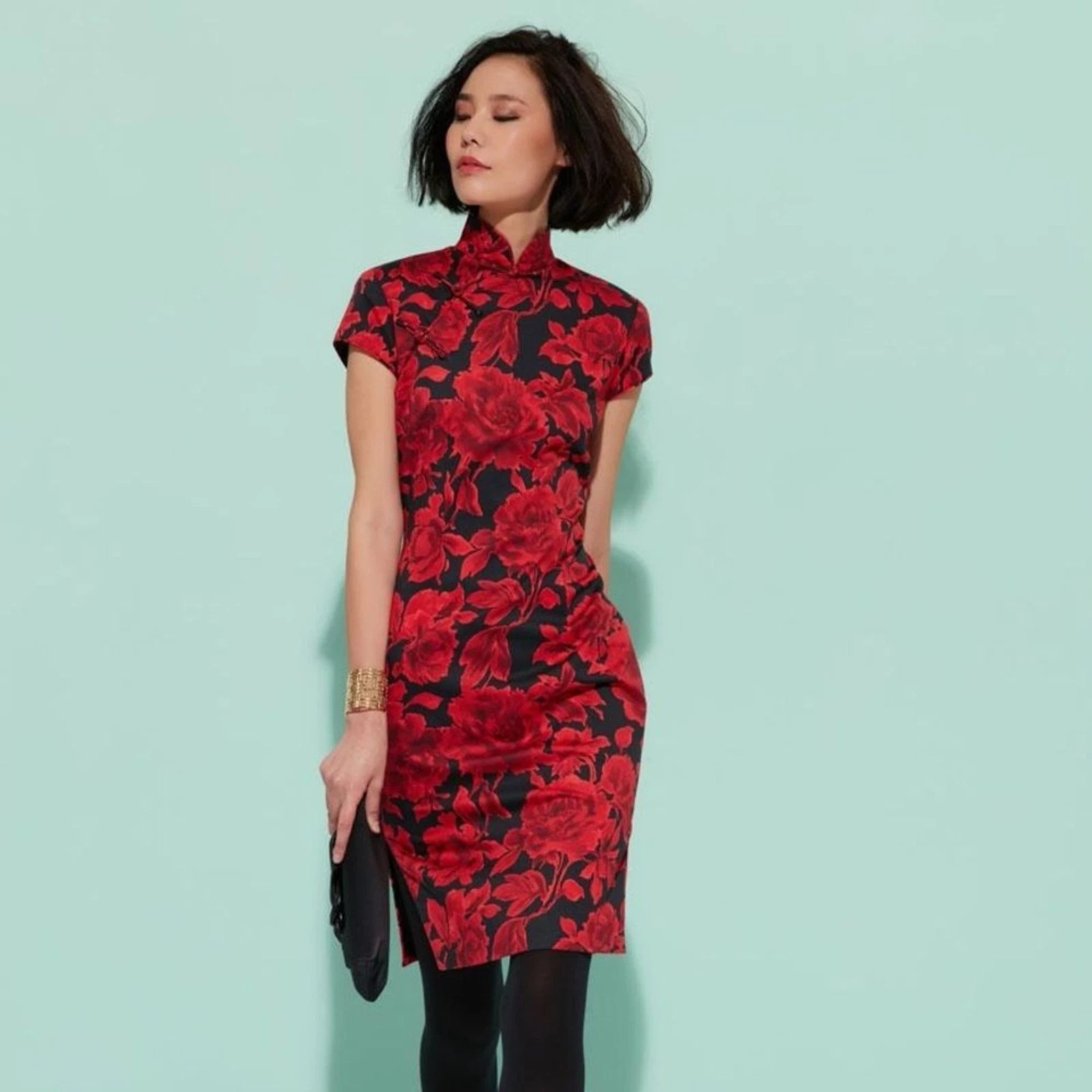 Shanghai Tang Qipao Cheongsam Chinese Dress, Small, US 2, midi length, red roses