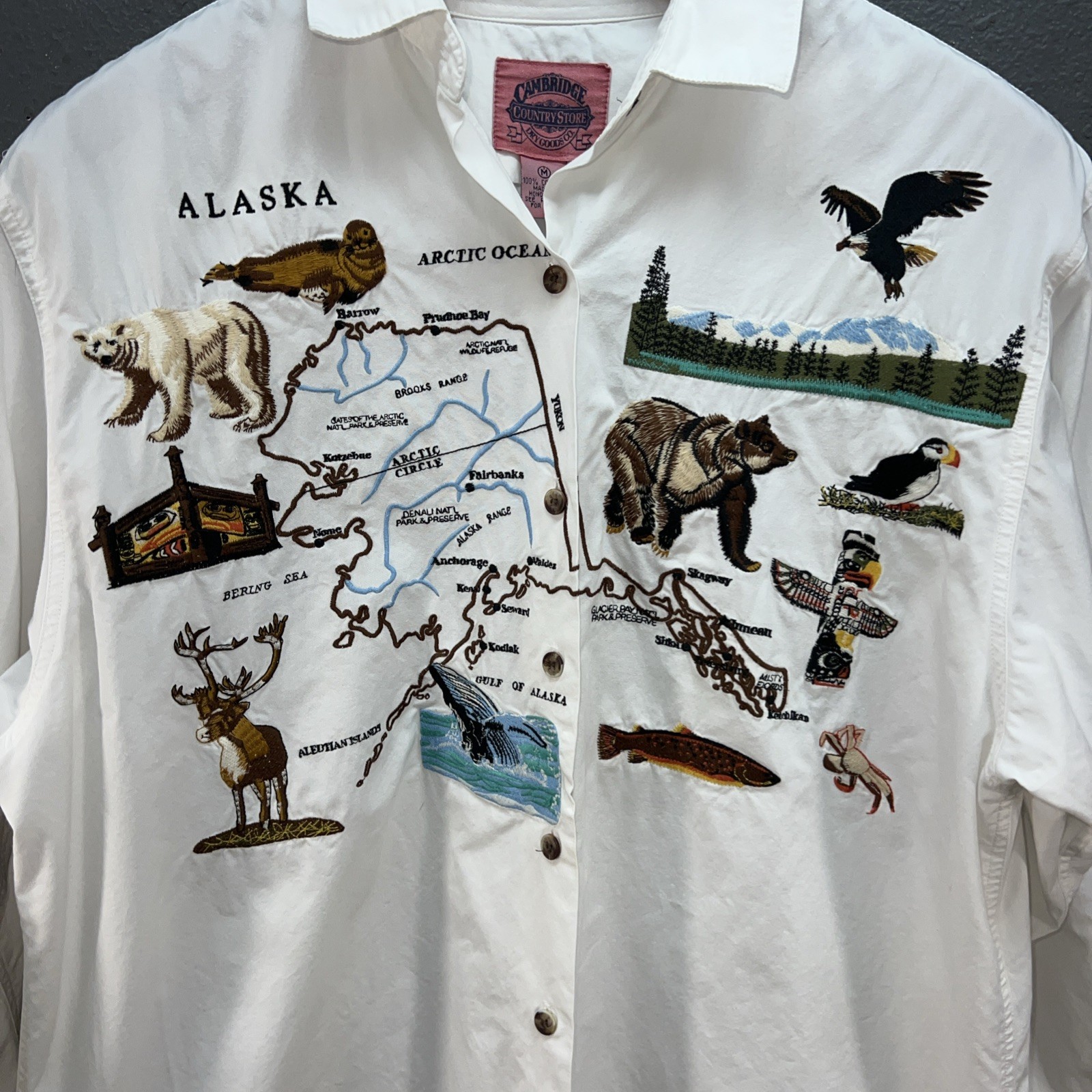 Vtg Cambridge Dry Goods White Shirt Womens Size M Embroidered Alaska Wildlife