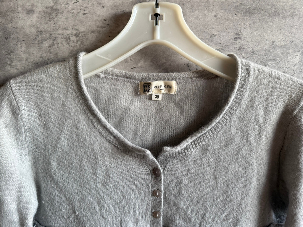 Vintage Michel Klein Itokin Gray Wool & Angola Rabbit Fur Cardigan Size 38 Japan