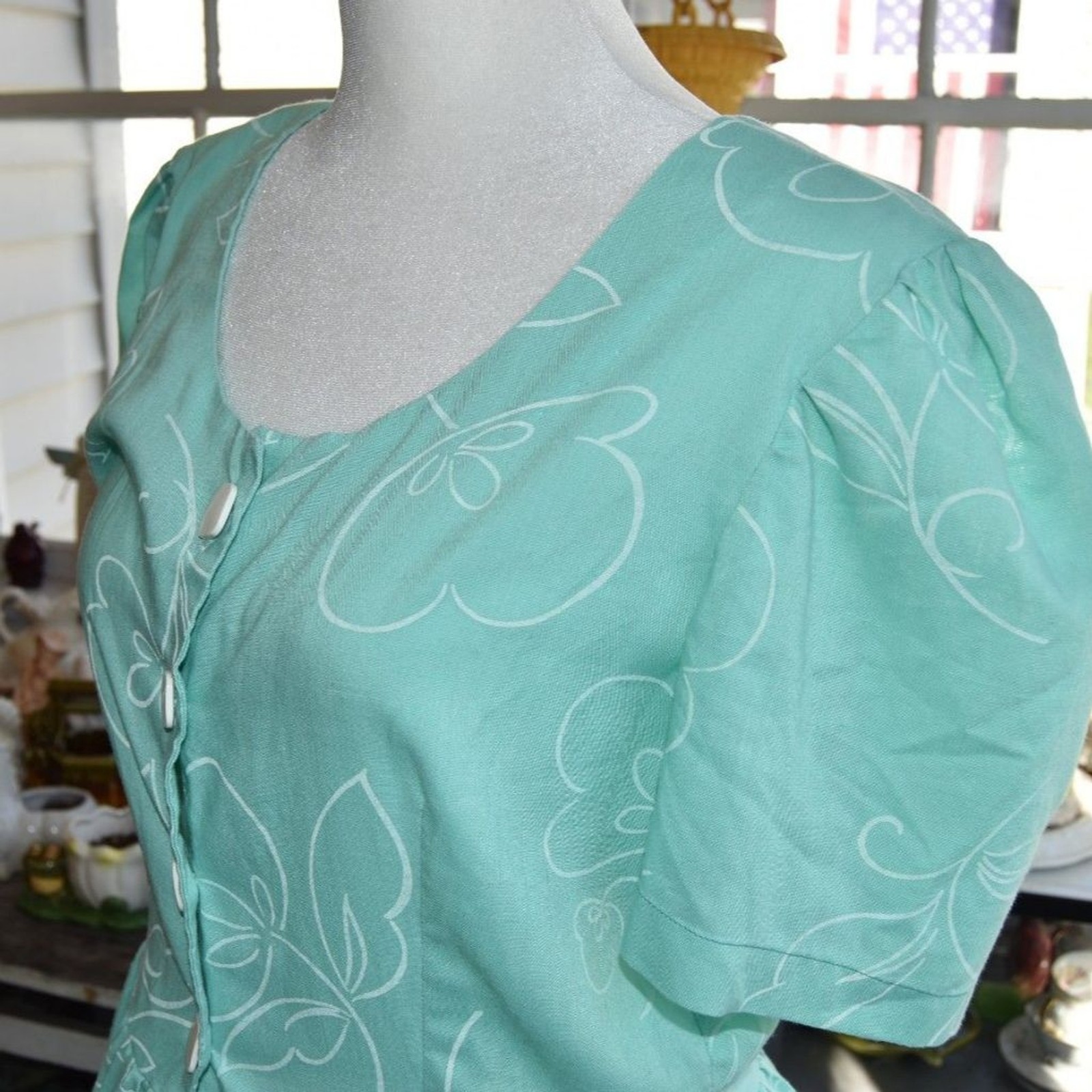 Vintage 80s Mint Green Floral Dress Puff Sleeve Cottagecore Prairie M