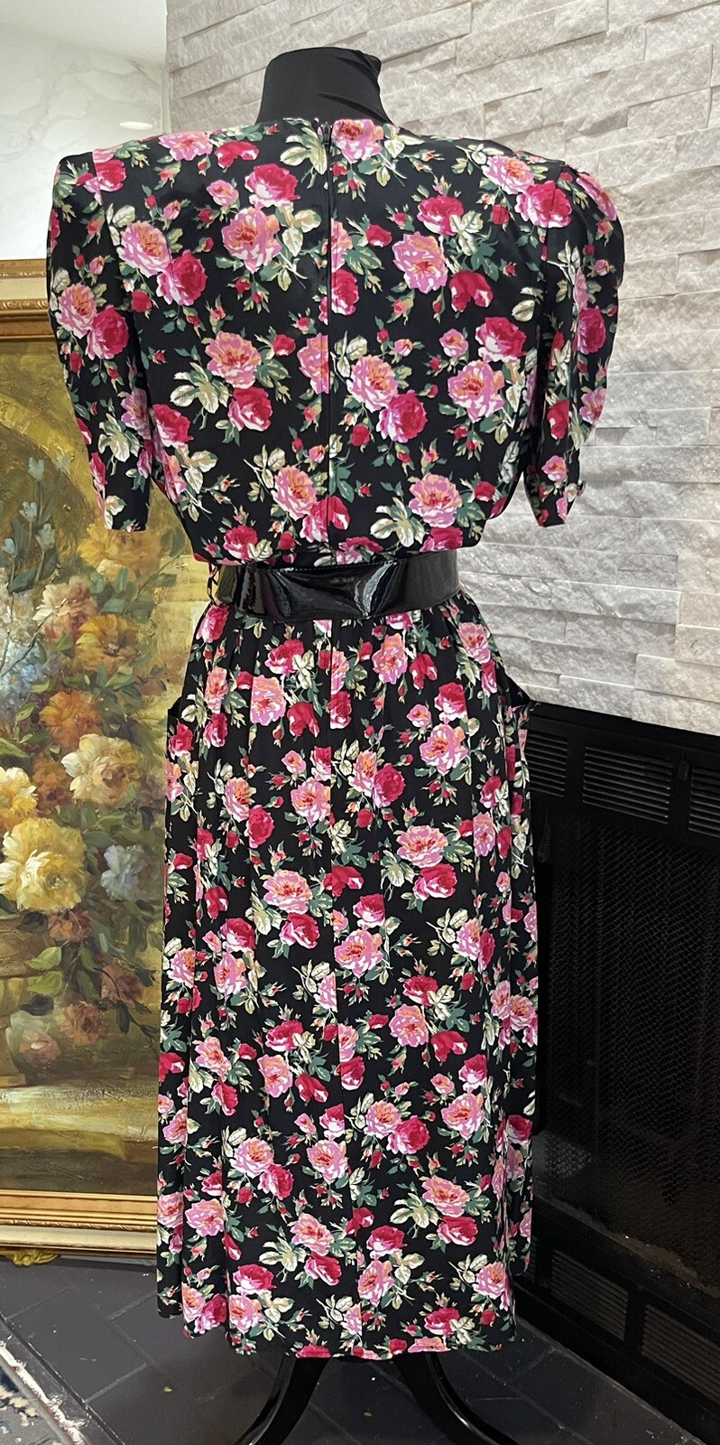 VTG 80s Cottage Core Trad Wife Floral Party Belted Day Dress Modest Size 1