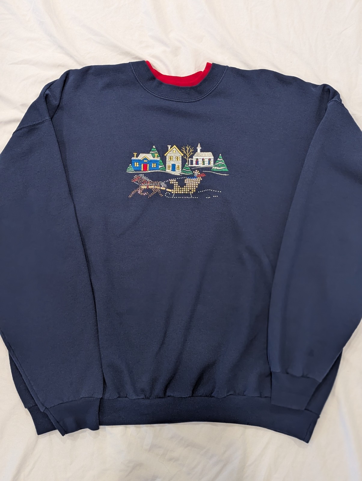 VTG Women Mc Energy Sportswear Christmas Navy Sweatshirt Sz XL Santa Rhinestone