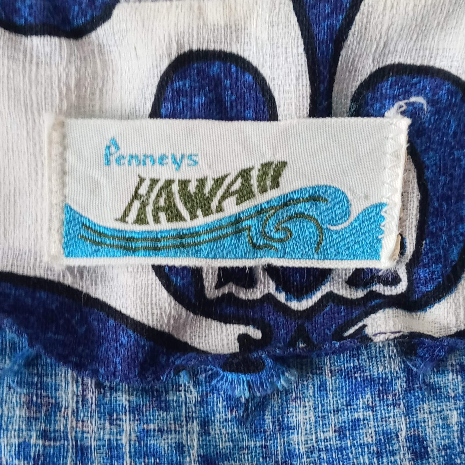 Penneys Hawaii VTG Small Barkcloth Maxi Dress Blue Tropical Sleeveless Collared
