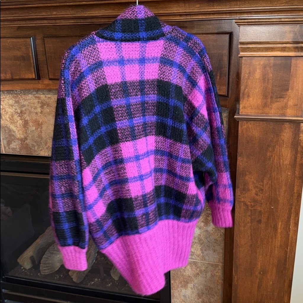 Vintage bold magenta plaid wool mohair blend plaid oversized sweater jacket S-L
