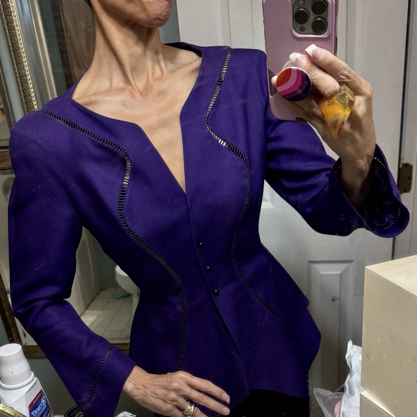 Vtg Thierry Mugler Purple Fitted Corset Peplum Blazer Jacket France XS 2 Classic