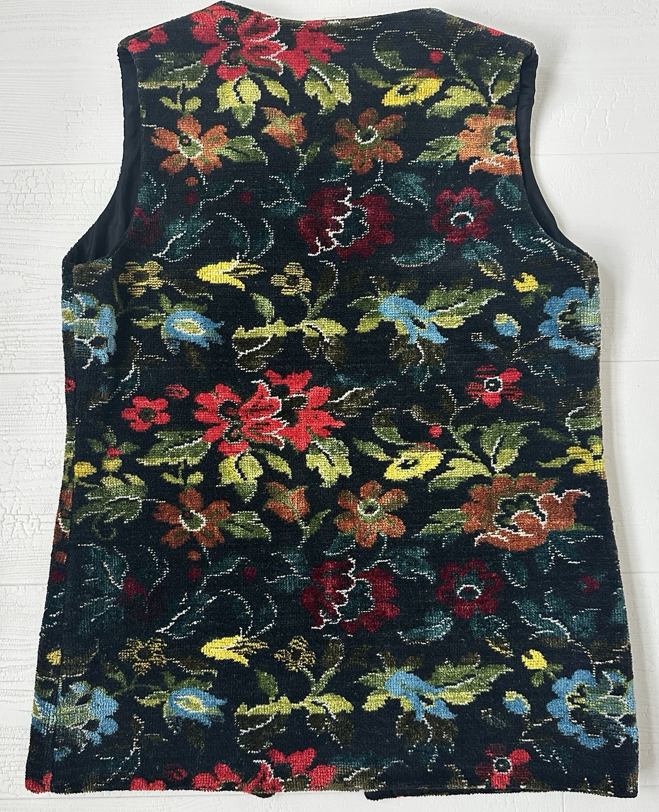 Vtg ALADDIN TAPESTRY VEST Women sz M Black Floral Fully Lined USA Made Mint!