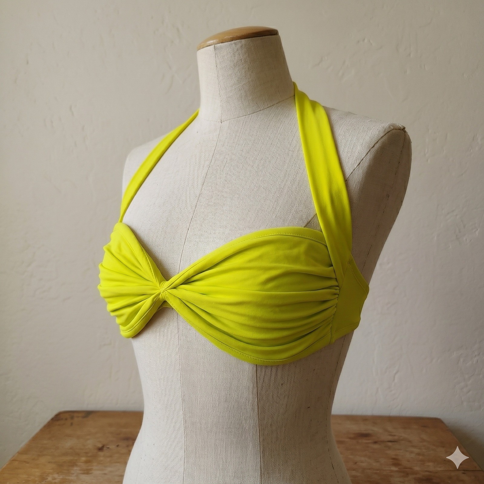 Norma Kamali Bill Womens Swim Top Medium Yellow Ruched Bandeau Halter Neon
